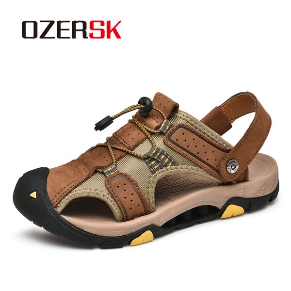

sandals ozersk 2021 big size summer genuine leather outdoor men's shoes men for male casual water walking beach sandalias, Black