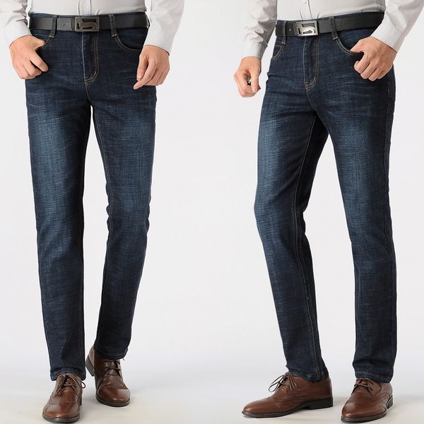 

autumn & winter middle-aged men's elastic jeans men's large size high-waisted loose straight dad trousers, Blue