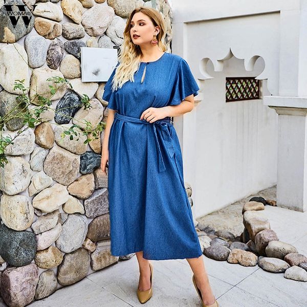 

womail plus size blue flare sleeve dress women's short sleeve casual dress o-neck tie bow mid-calf high waist women party, Black;gray