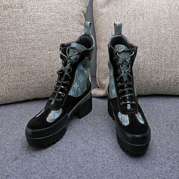 

european station winter new short boots custom lace-up high heel martin boots leisure fashionable handsome thick bottom motorcycle boot, Black