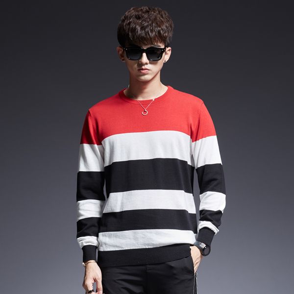 

striped sweaters men autumn 2018 pullovers long sleeve cotton sweater warm slim fit knit coat o neck solid newest, White;black