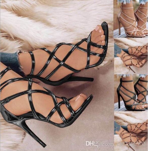 

european style women's shoes pu leather fish mouth hollow cross strap high heel sandals, Black