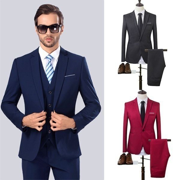 

zogaa 2019 men fashion slim suits male business casual groomsman 3pcs wedding suit men's jacket pants trousers sets, White;black
