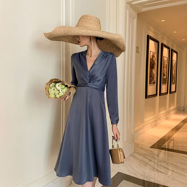 

nicemix philosophy elegant v neck ladies party dress waist cross stain soft summer dresses vestidos plus size v neck lady dress, Black;gray