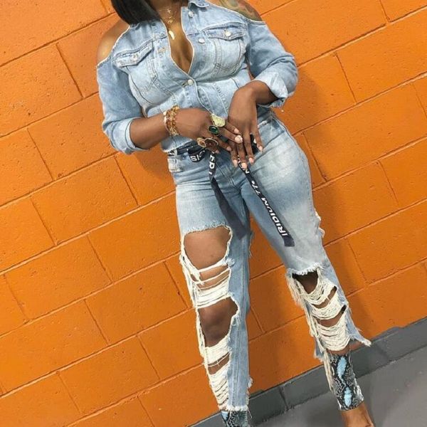 

european ripped fashion skinny jeans women's high waist slim denim pants club broken hole jeans, Blue