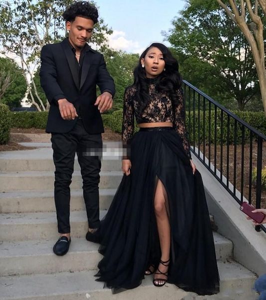 

two piece black prom dresses lace long sleeve a-line tulle side split evening party gowns plus size prom dresses