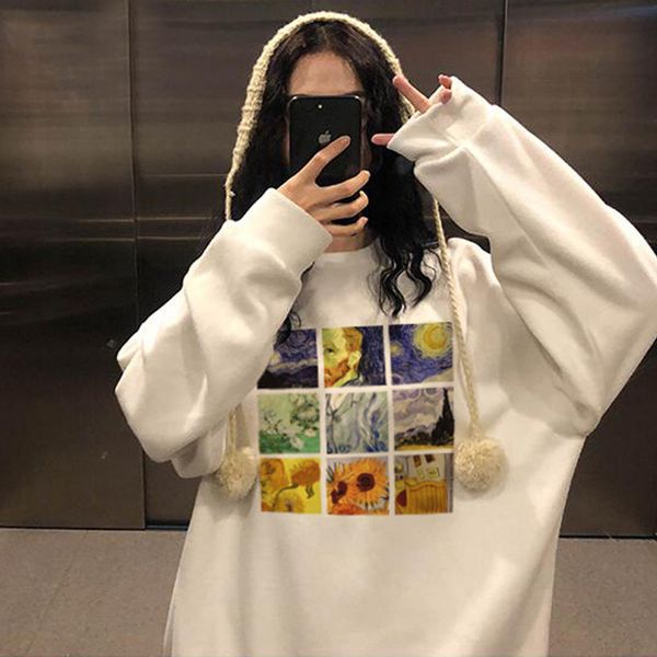 

winter new fashion large size loose van gogh art casual vintage f print long sleeve harajuku ulzzzang ins sweatshirt, Black