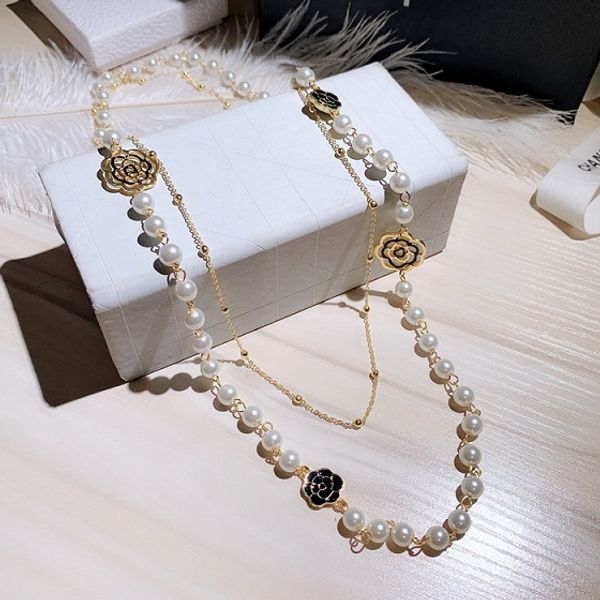 

multi layer long sweater statement necklace for woman new fashion luxury designer lovely beautiful camillia flower pearl, Black