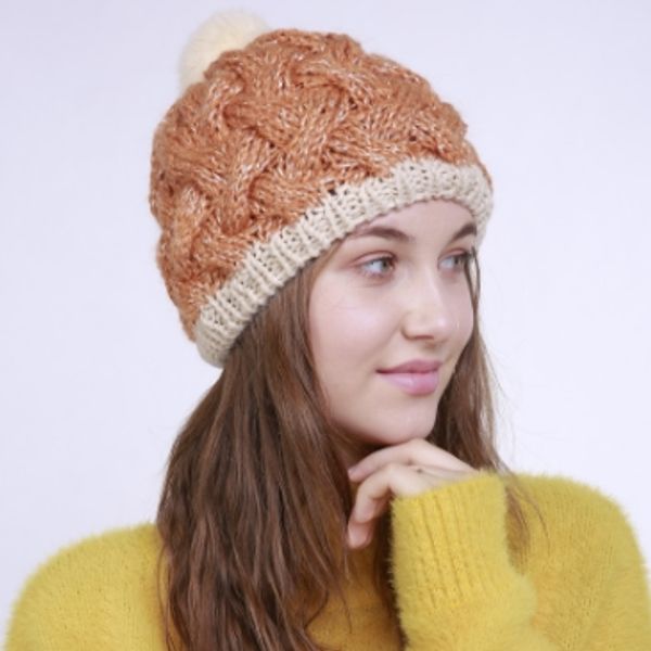 

осень и зима новый ручной работы из бамбука ткачества двухцветные шерсти шапки женские вязание теплые вскользь кролик меховой шарик моды шля, Blue;gray