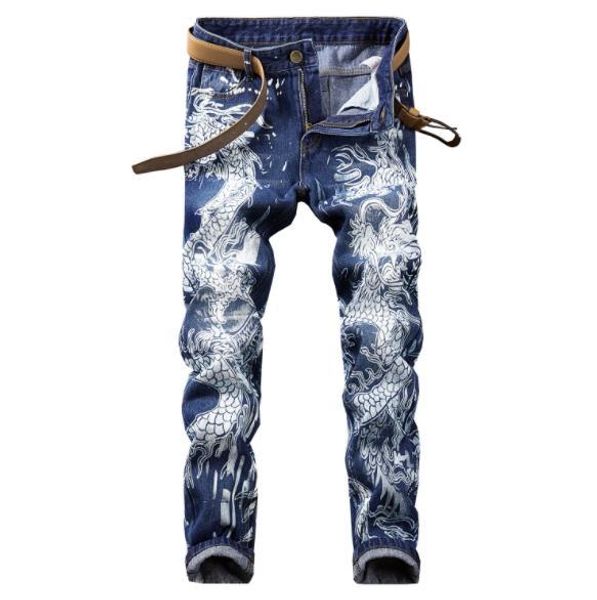 

designer mens jeans trend street animal print blue fashion jeans personality hip hop nightclub casual pants for men