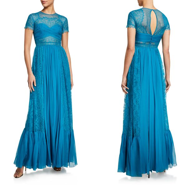 Luva Elie Saab Light Blue Vestidos Jewel pescoço curto Uma linha de vestido de baile até o chão Especial Ocasião Vestidos Vestidos de novia