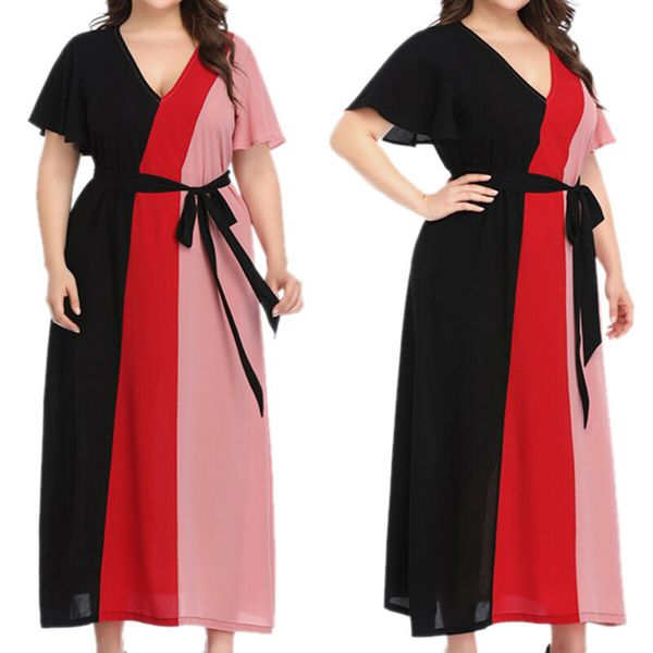 

Womens Casual Maxi Dress Belt V-Neck Summer Beach Short Sleeve Party Long Dress