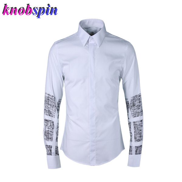 

square digital printed shirt men 2019 europe fashion style male clothing long sleeve 80% pure cotton business male dress shirts, White;black