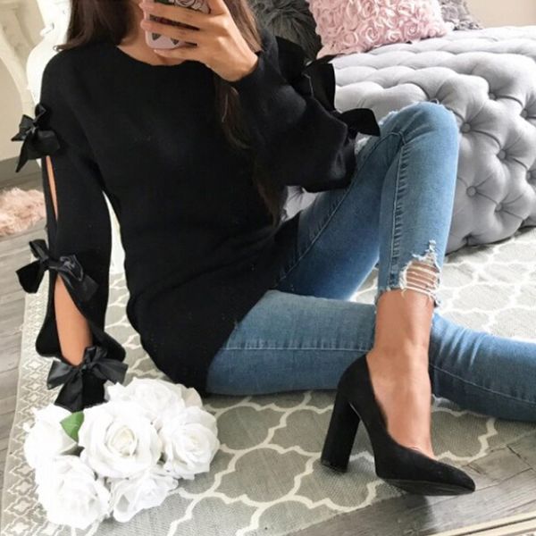 

2019 autumn women knitted sweater hollow out bowknot round neck raglan long sleeve ribbed casual jumper pullover knitwear, White;black