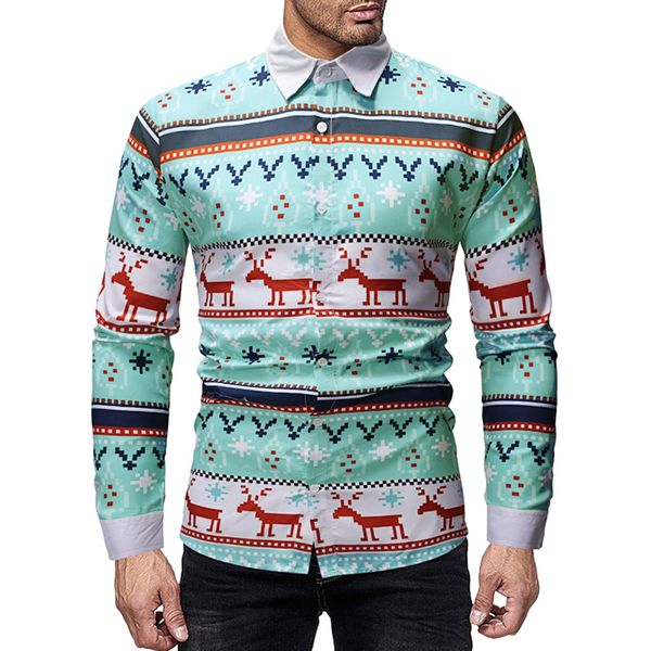 

men shirts christmas santa reindeer partern print lapel long sleeve shirt men blouse, White;black