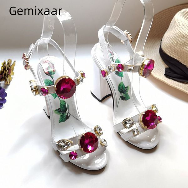 

bright genuine leather ankle strap sandals women chunky heel open toe print flower diamond rhinestone summer shoes woman, Black