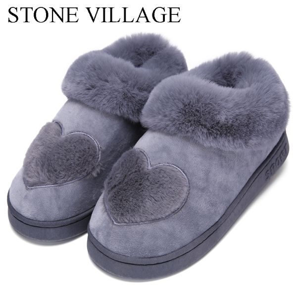 

new arrival heart-shaped cotton women slippers warm plush winter fur slippers soft indoor shoes flat with home, Black