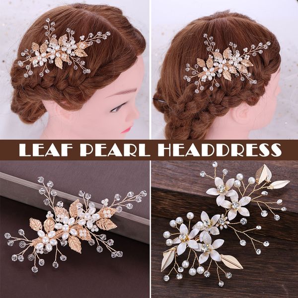 

bridal hairpin imitation pearl leaf rhinestone wedding hair accessories ornaments@88, Golden;white