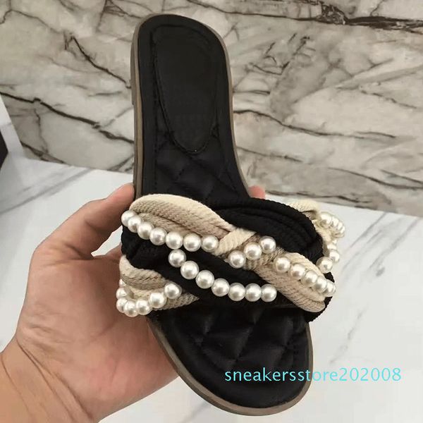 

classic summer slippers women red black pearled flat heels mules crossover flip flops 2018 beach shoes chaussure femme s08