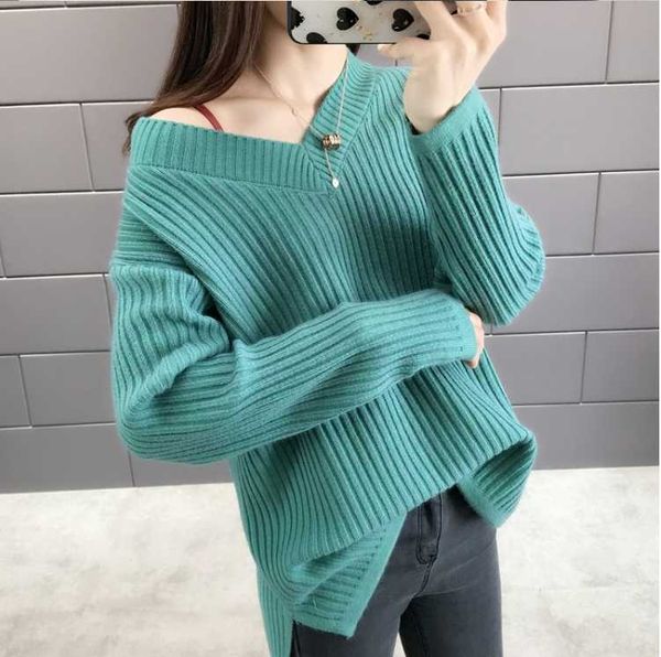 

2019 autumn winter wool blends sweater women v-neck ladies loose lazy pullover knitting christmas jumper f709, White;black