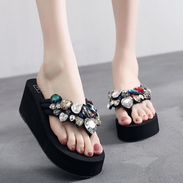 

2019 summer women slippers solid wedges crystal ladies flip flops slippers high heels female beach shoes, Black