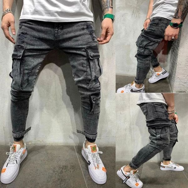 

mens designer multi-pocket hole black jeans leggings pants overalls, Blue