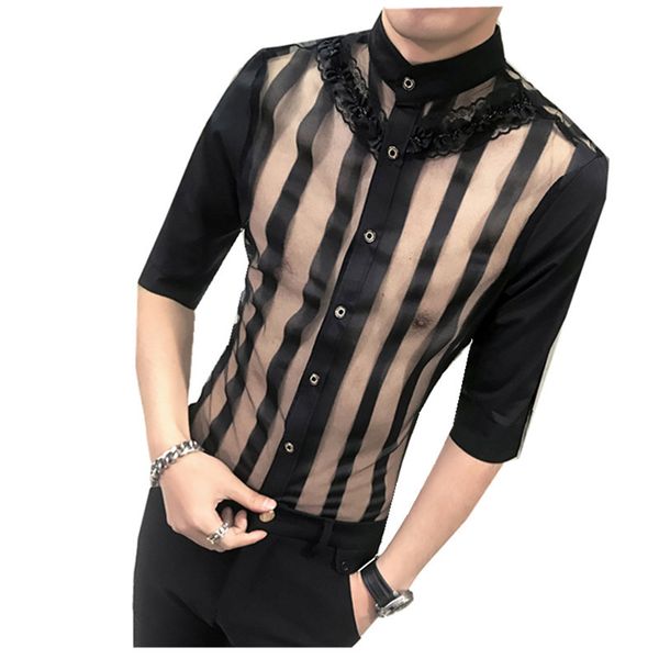 

transparent shirt for men lace designer shirt party club slim fit see through men prom for dj singer, White;black