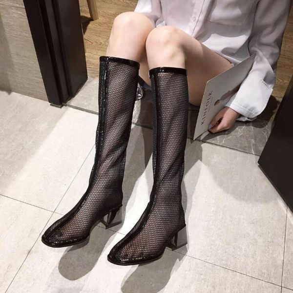 

fashion mesh summer boots women zipper hollow high heels boots mid calf, Black