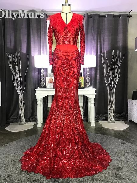 

halter backless sparkly red mermaid african prom dresses with feathers train off shoulder long graduation dress gala gowns, White;black