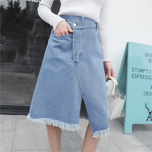 

denim skirt high waist elastic 5xl skirts women 2019 summer new arrivals tassel slit pockets blue jean skirt irregular jeans, Black