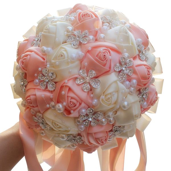 

18cm gorgeous crystal ivory wedding bouquet satin rose flower bouquets ribbon wedding bridal bouquet