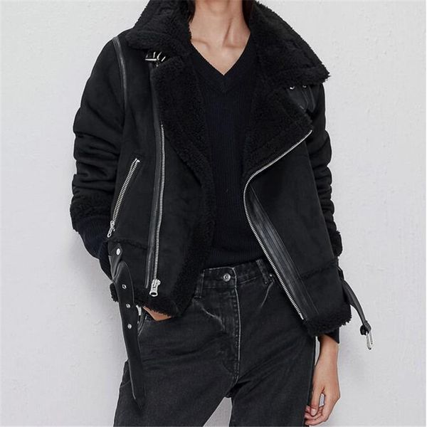 

warm women's winter motorcycle suede velvet jacket female short lapels fur thick plus velvet jacket 2019 bomber, Black