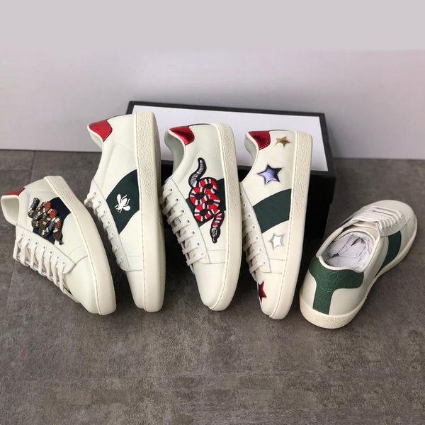 

classic ace leather sneaker crystal embroidered designer shoe low-ace flat trainers rubber bottom snake bee pattern casual shoes, Black