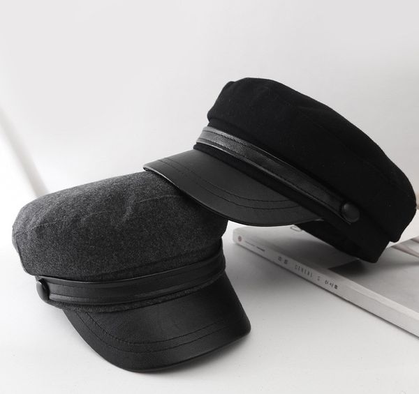 

2020 autumn/winter korean version new leather belt navy cap lovers style simple cap outdoor sun shade warm winter cap for elegant female, Blue;gray