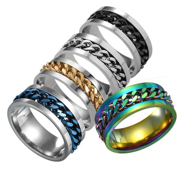 

visisap wholesale titanium steel colorful chain rotating rings for man male jewelry wholesale punk ring dropshipping s-r09, Golden;silver
