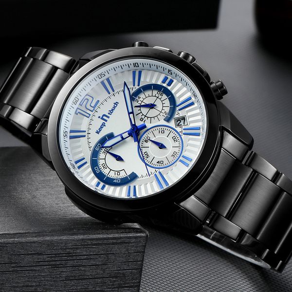 

stainless steel watch hight quality wrist watch tempered glass mirror men creative dial calendar display pointer number, Slivery;brown