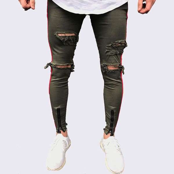 

2020 new arrived men side red stripe biker jeans denim ripped holes slim supper skinny hip hop jeans men, Blue