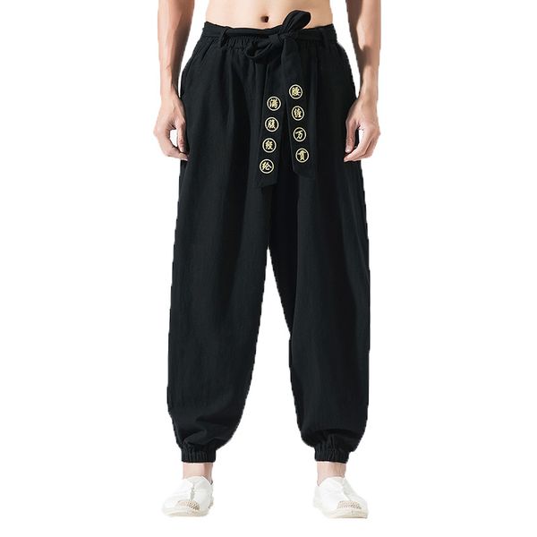 

2019 linen harem pants mens jogger pants men retro wide leg track male hip hop streetwear trousers pantalon hombre m-5xl, Black