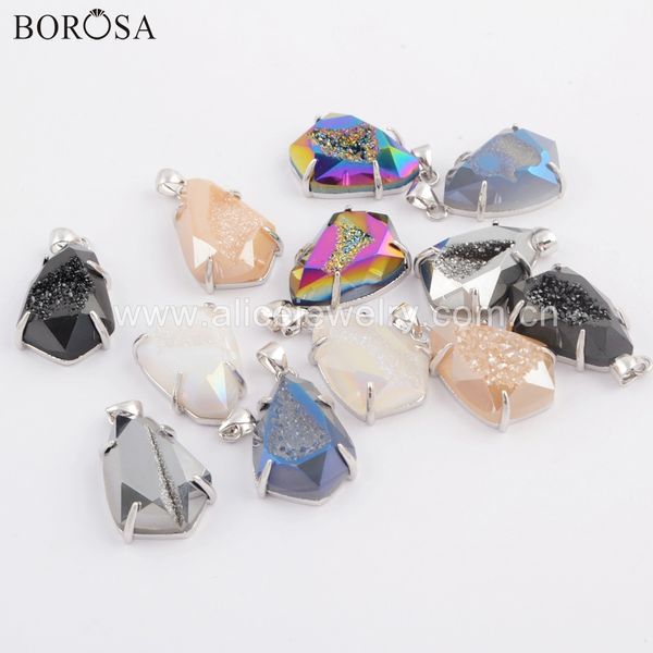 

borosa 5/10pcs new collection silver bezel shield rainbow titanium agates druzy faceted claw pendant for necklace jewelry zs0334