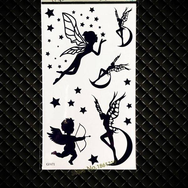 Acheter Belle Noir Amour De Dieu Cupidon Tatouage Temporaire Fleur Lune Fée Waterproof Tattoo Henné Faux Autocollants Ggf671 Enfants Tatouages Elf