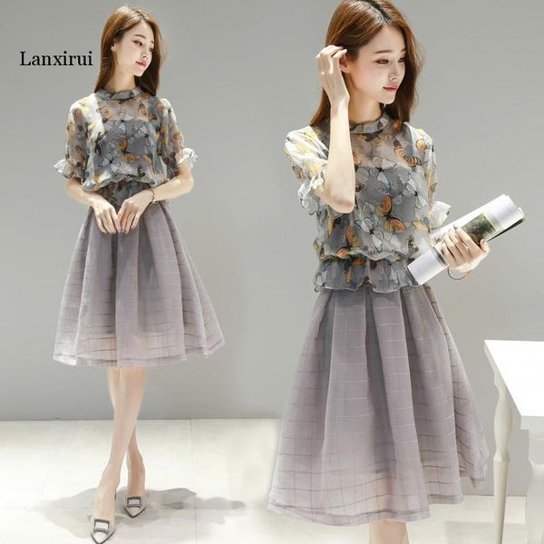 

elnage loose slim two pieces short sleeve sun summer dress korean fashion professional women suit floral a line ropa mujer, White;black