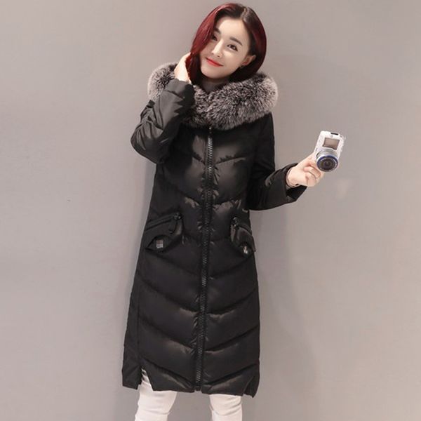 

long tide nice fashion slim women winter jacket cotton padded warm thicken ladies coat long coats parka hooded womens jackets, Black