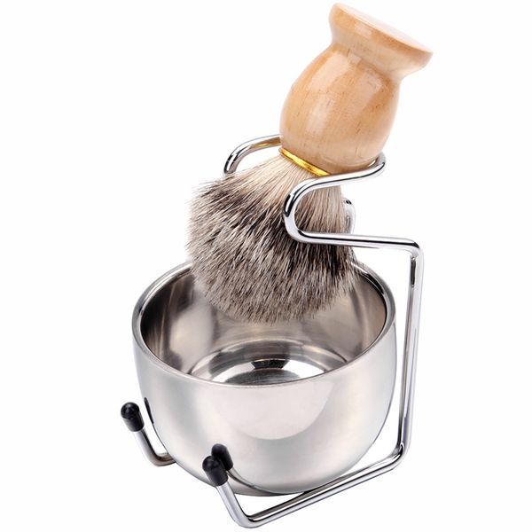 

men's shaving brush set badger hair wood handle stainless steel foam bowl barber men facial beard cleaning shave tool hha1184
