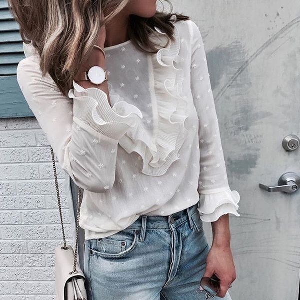 

designer blouse women ladies casual ruffle lace polka dot shirt flare 3 4 sleeve solid clothing blouse blusas female, White