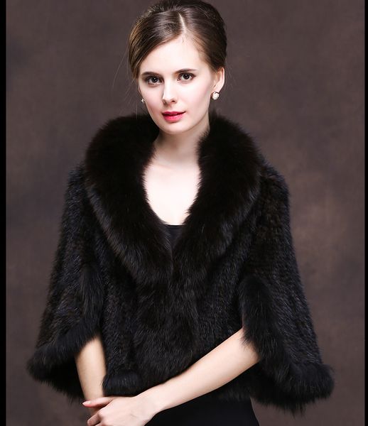 

леди женщина трикотажной реального меха норка шаль с подлинной чернобуркой подстроечной классического elegamt вязание стороны плащ черного ц, Black