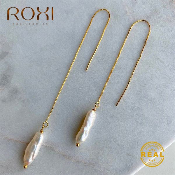 

roxi 2019 fashion freshwater pearl long drop earrings for women gold chain tassel earring ear line baroque pearl dangle earrings, Silver