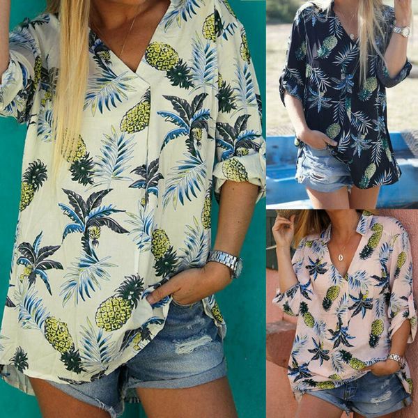 

harajuku summer new hawaiian beach vacation pineapple printed shirts woman wild long-sleeved v cut collar fruit blouses, White