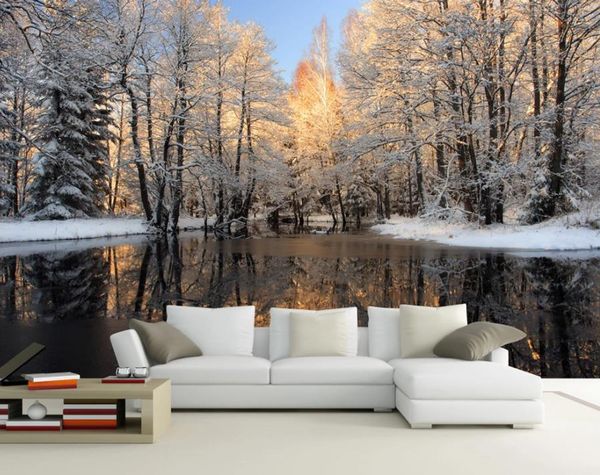 

woods lake snow scene tv background wall modern wallpaper for living room