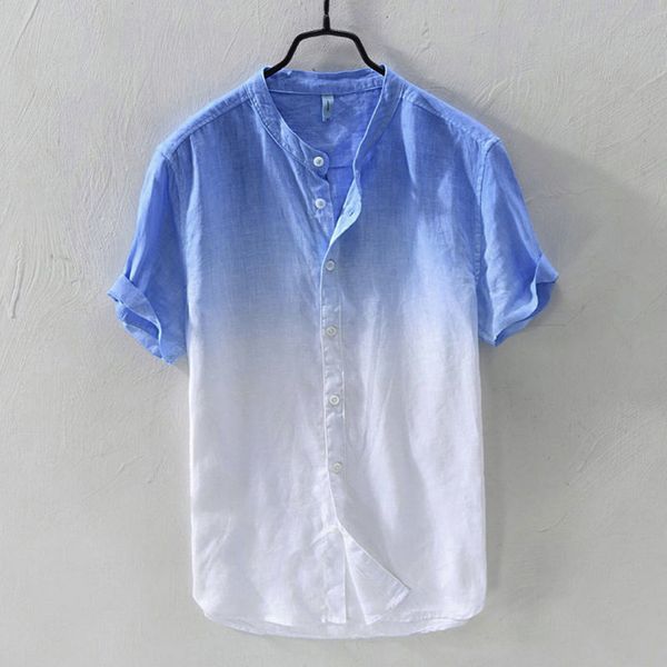 

summer men's shirts casual short sleeve shirt breathable collar hanging dyed gradient cotton blouse camisa masculina, White;black