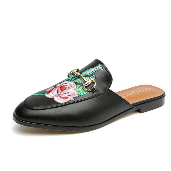 

european and american designer ladies slippers 2019 new fashion metal embroidery women shoes genuine leather flat shoes slippers, Black